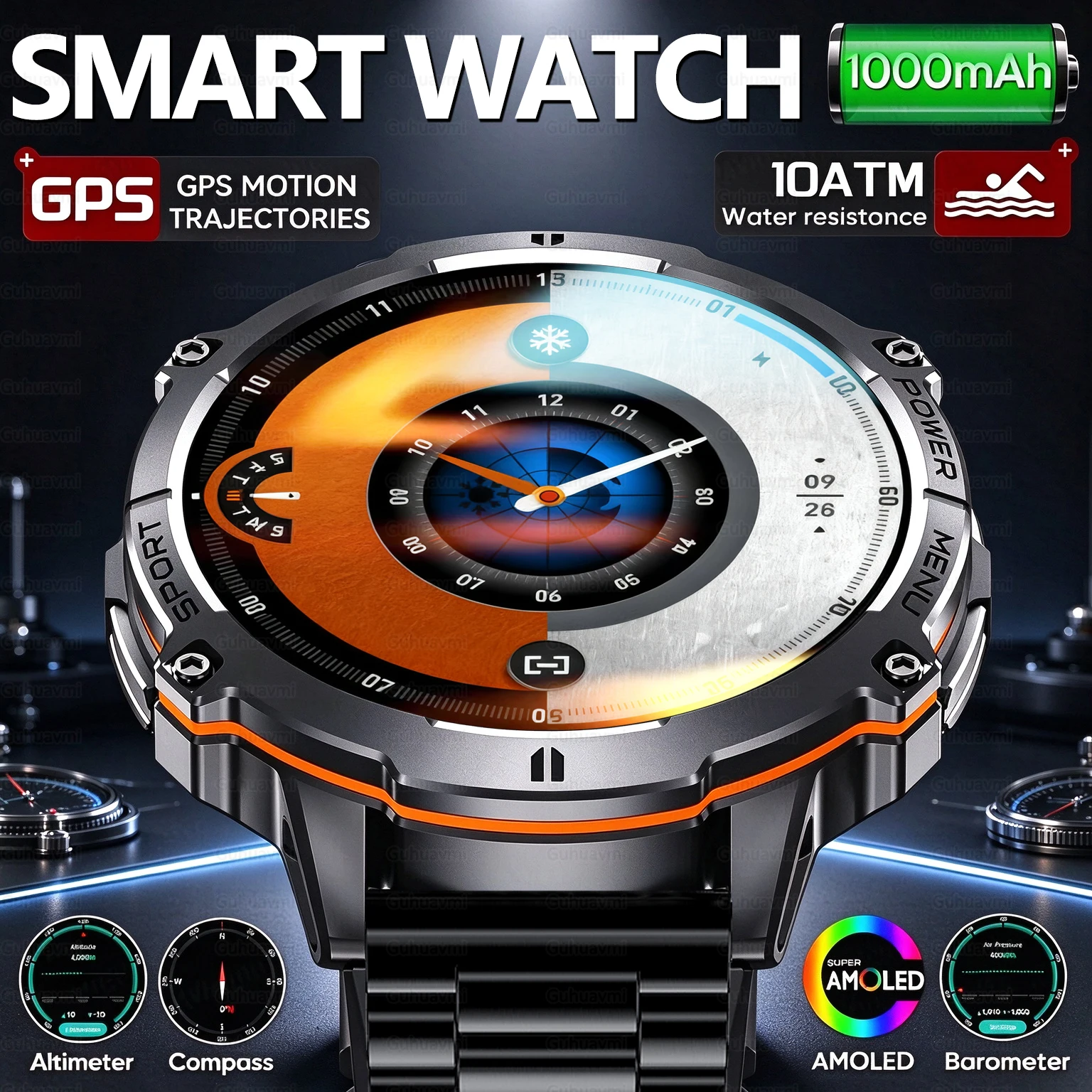 Rugged Outdoor Smartwatch Men 1000mAh AMOLED Screen  10ATM Waterproof Swim GPS Path Call Health Sport Fitness Smartwatch For Men
