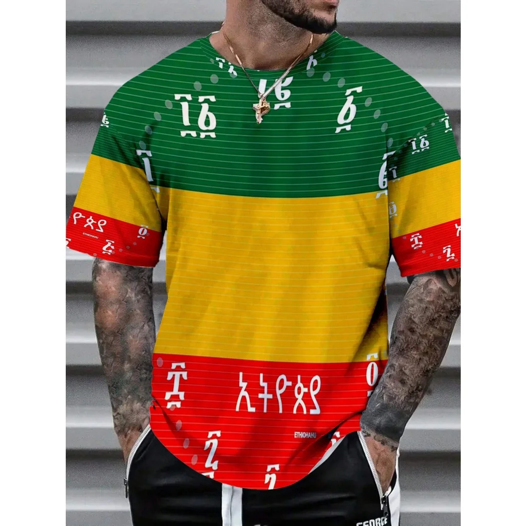 Ethiopian Cultural Pattern Men's T-Shirt with Traditional Tigray Letter Print Short Sleeved Casual Daily Sports Round Neck Top