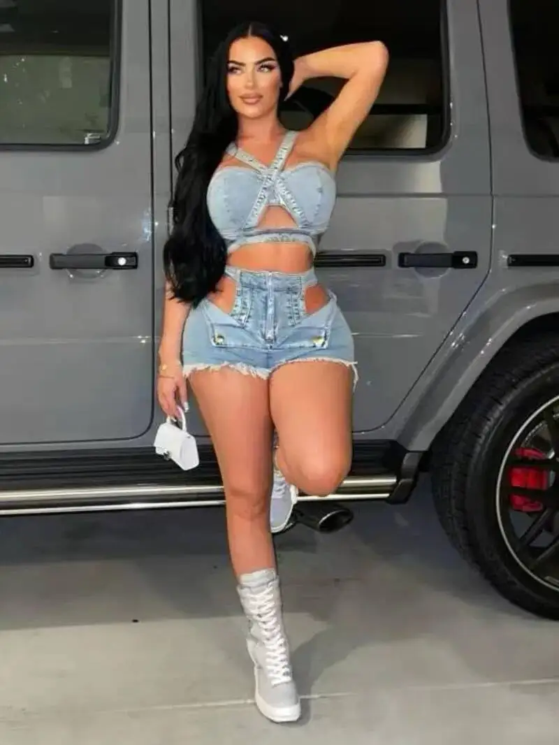 

Fashion Denim Cutout Women's Set Wrap Strap Crop Top And Shorts Jeans 2025 Summer Two 2 Piece Sets Outfits Tracksuit HS6Z