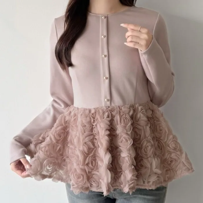 Elegant Korean Style Long Sleeve Embroidered Petal Patchwork Women's Sweatshirt Puffy Female Top for Autumn Winter