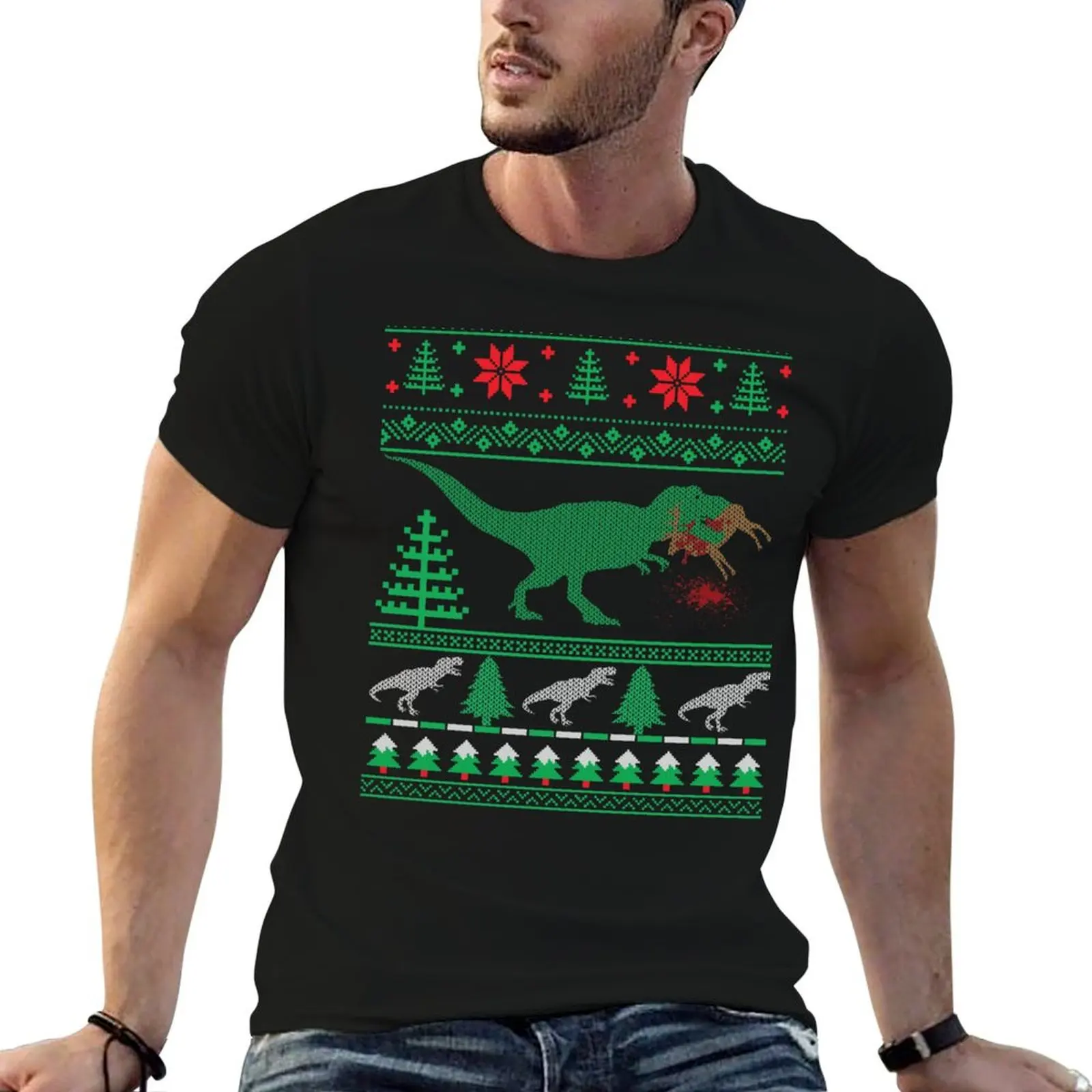 Funny Dinosaur T-Rex Eating Reindeer Tree Rex Ugly Christmas Sweater T-Shirt t shirt man cotton anime t shirts for man T-Shirt