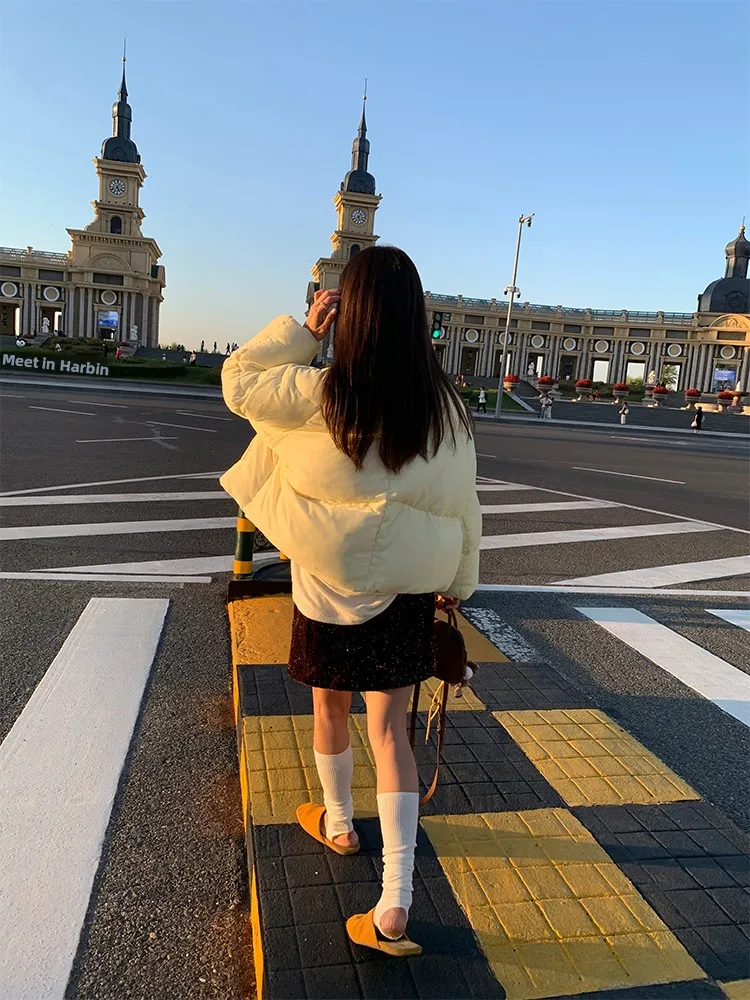 Women's Velvet down Jaet Winter New Sle Small Size Thi Warm Bread Sle Light Yellow Stand Collar Commuter Sle Straig...