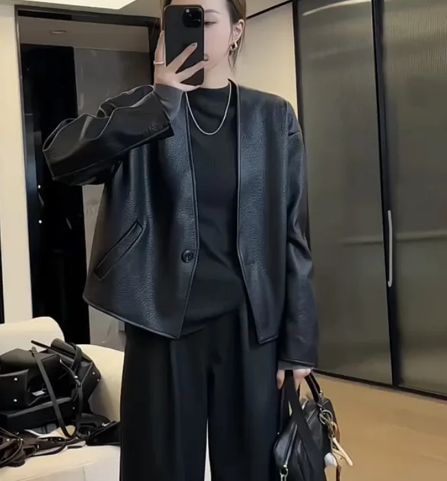 معطف Bla Leather Jaet النسائي ort V-ne لربيع وخريف جديد Sle معطف من جلد الغنم الأصلي مقاس صغير للتنقل Faion