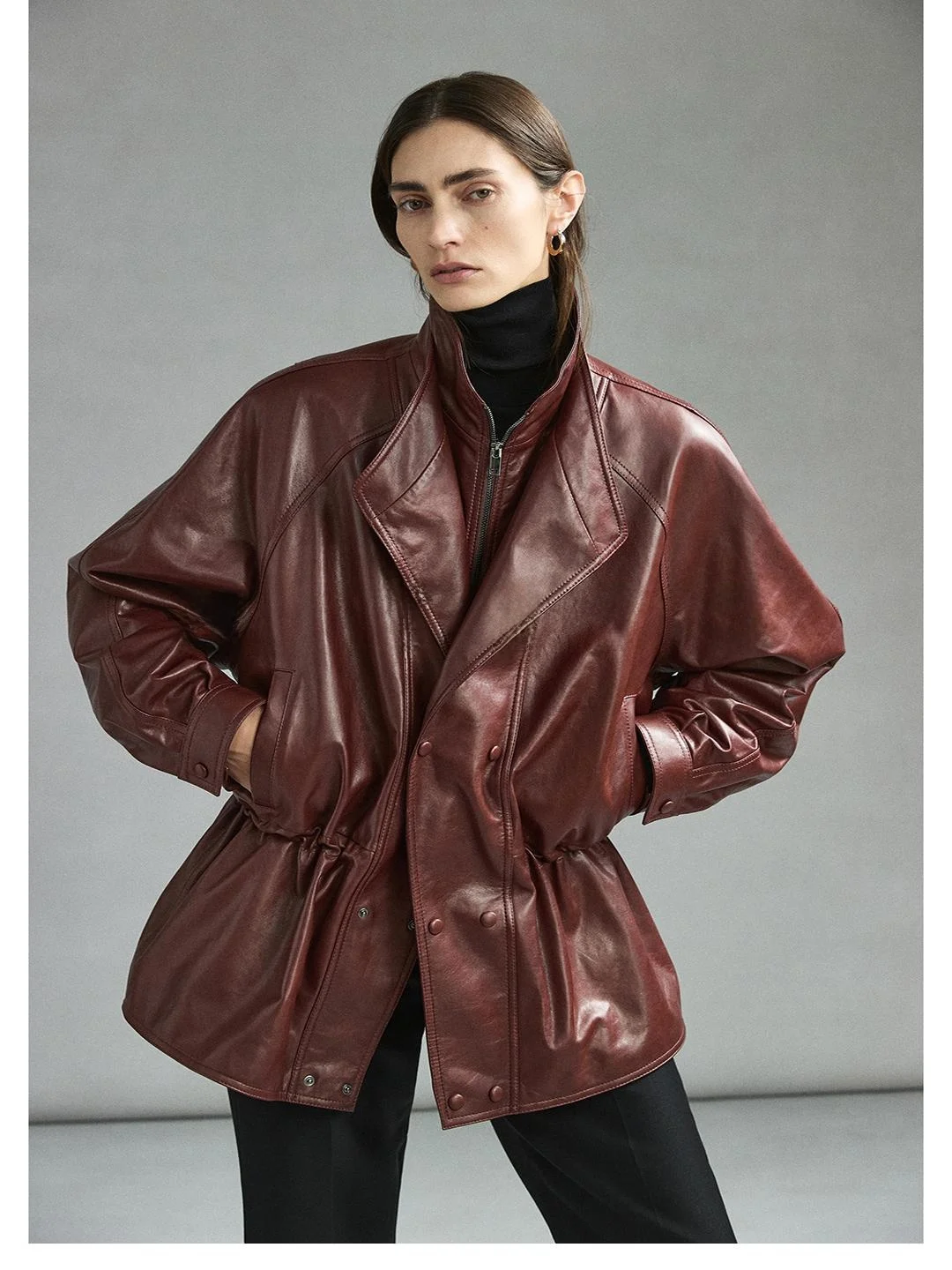 Cera ad olio leggero Pelle di agnello Colletto a doppio strato Vita con coulisse Lunghezza midi Cappotto Jaet da donna Sle Pendolarismo Vestibilità ampia Manica lunga...