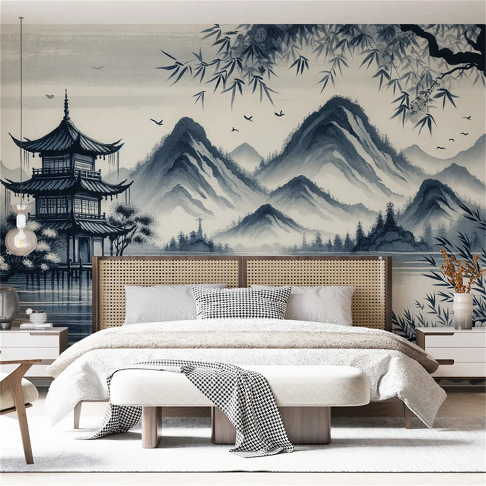 Custom sized mural 3D printing, Japanese Zen wallpaper, watercolor style, Japanese temple design