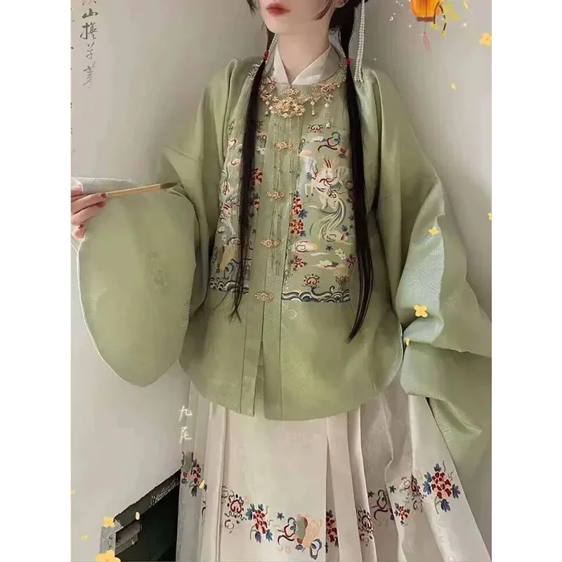 Plus Size 10XL 2pcs Sets Hanfu Horse Face Skirt Women Oversized Daily Chinese Vintage Hanfu Green Shirt+Skirt Christmas Sets