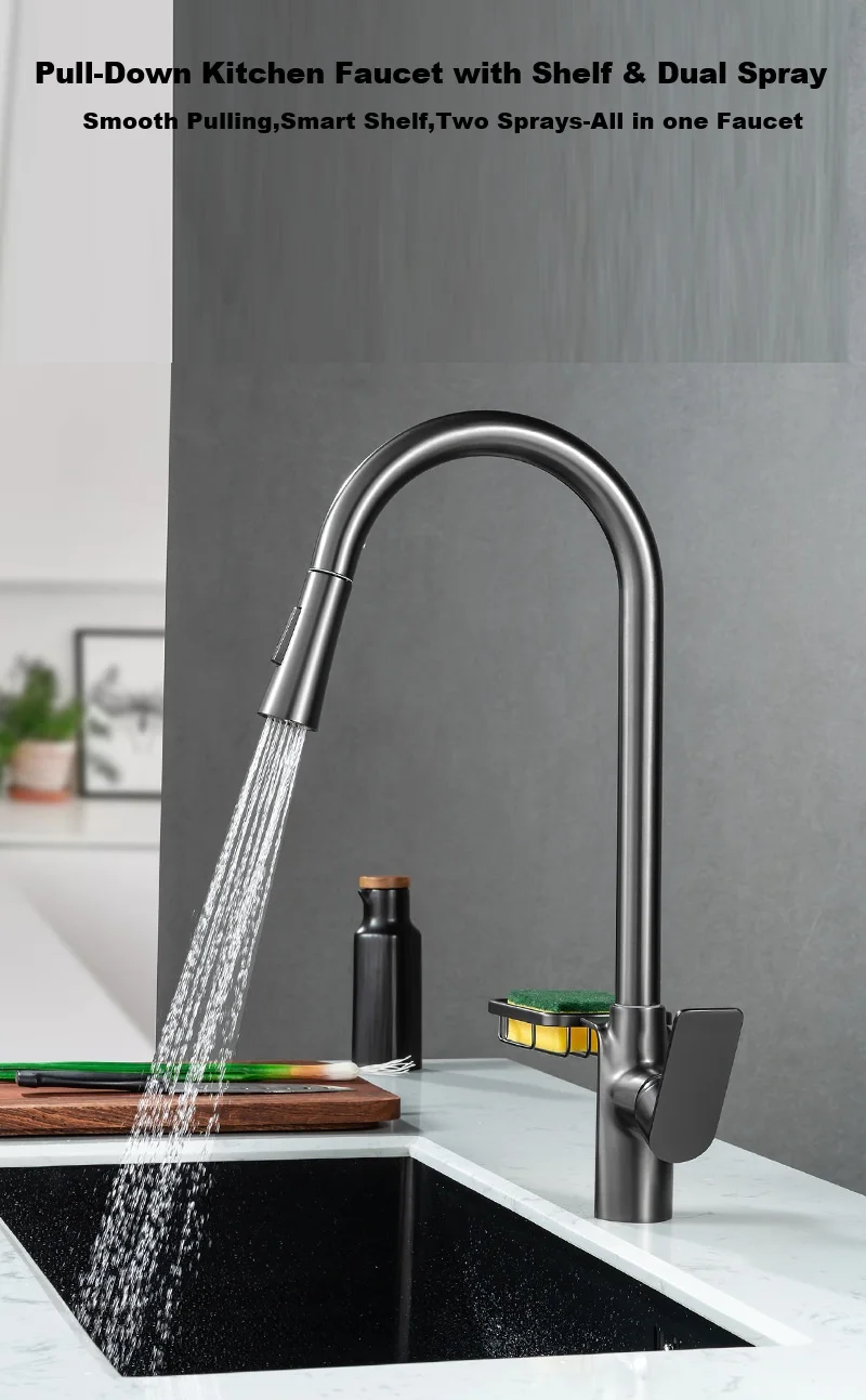 

Медный выдвижной кухонный смеситель с полкой, 360° ° Вращающийся кухонный смеситель, защита от брызг для раковины, мытья посуды и стирки