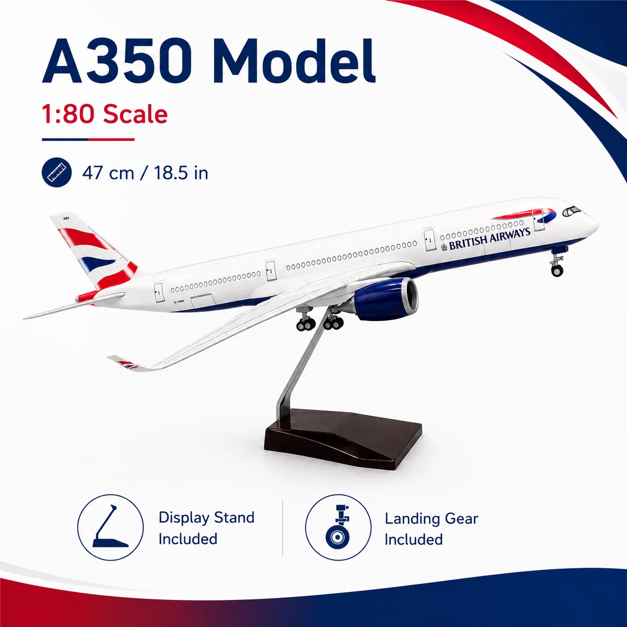 Airbus A350-900 United Kingdom Airlines Airplane Model 1/142 Scale 47cm Resin with Stand & Landing Gear Collectible Gift Desk De