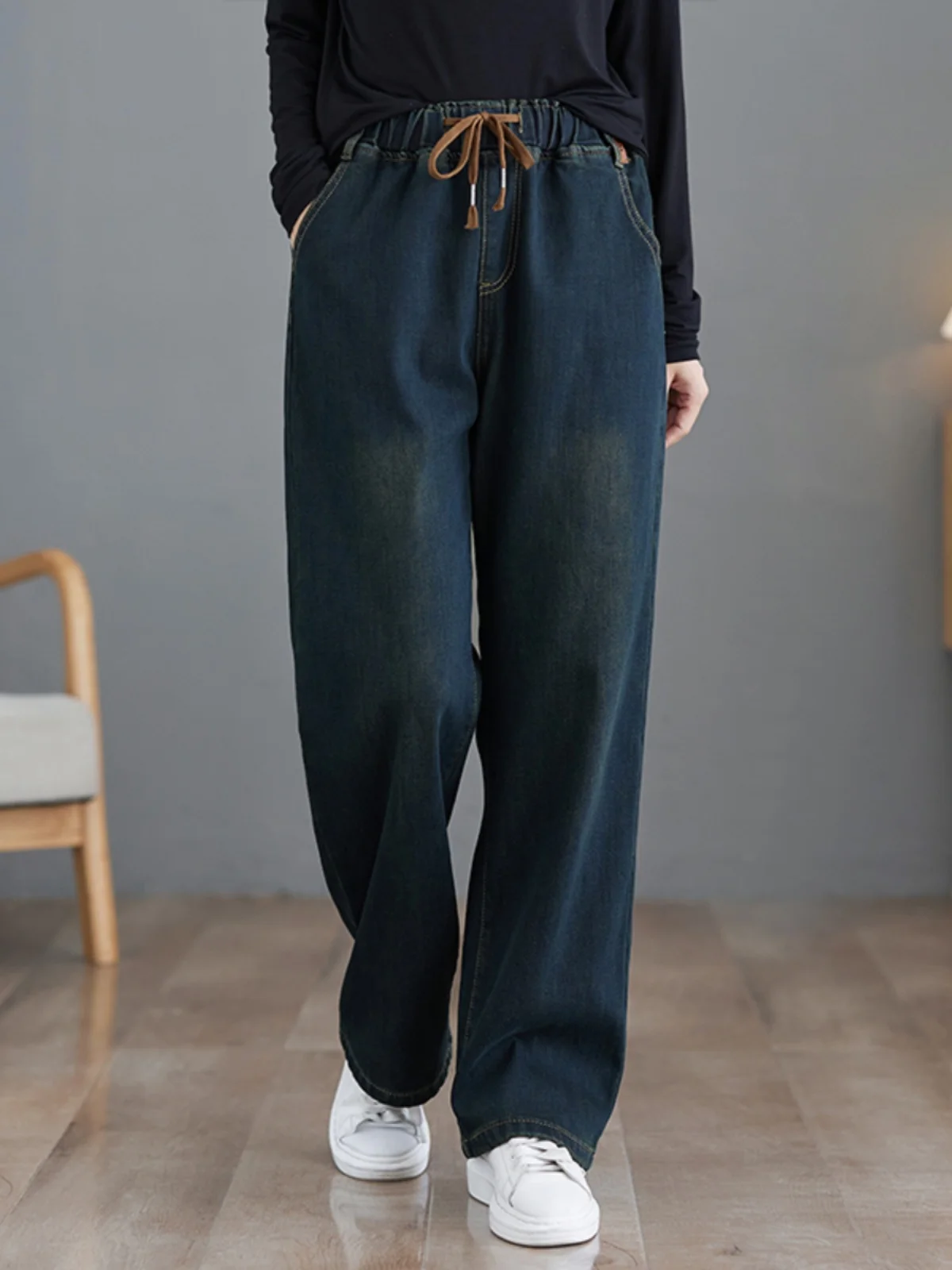 

Thiened Fce Women's Jeans Autumn Winter High Waist Wide Leg Pants Slimming Artistic Sle plus Size MM Blue Denim