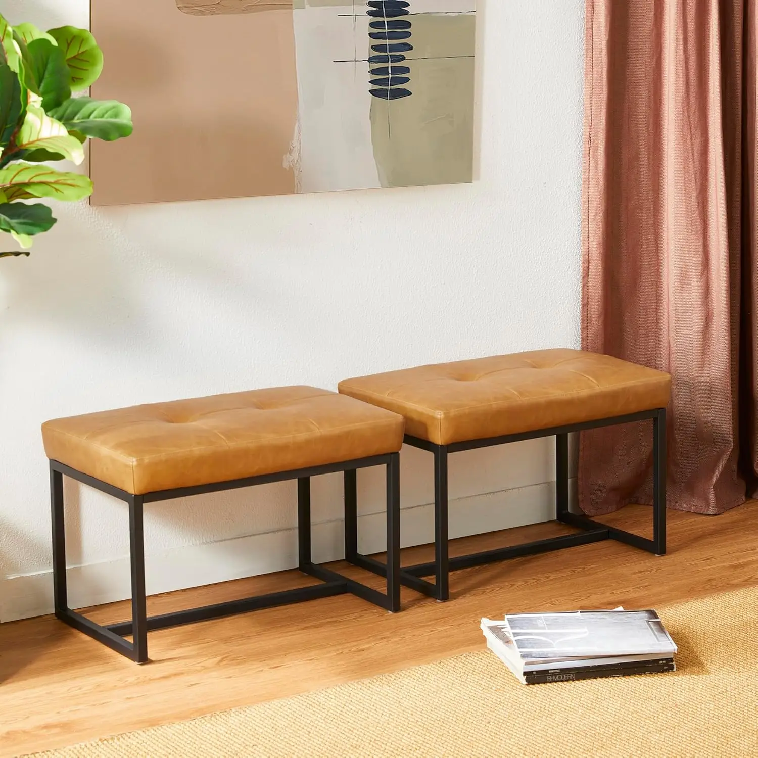 오토만 벤치 2개 팩, 금속 프레임이 있는 현대적인 PU 가죽 화장대 의자, 연한 갈색