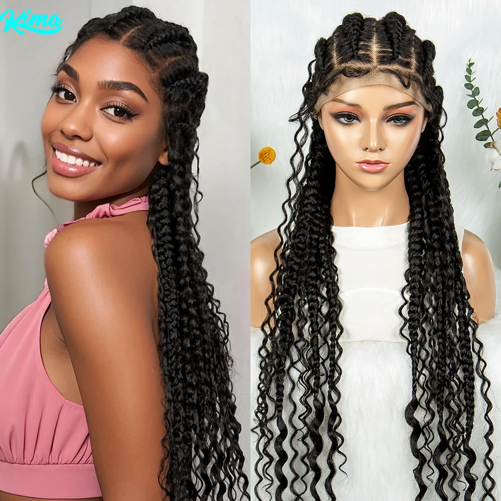 

Ghana Cornrow Braided Wigs Full Lace Wig Synthetic Knotless Boho Braids Curly Add In With Baby Hair For Black Women 32 inch