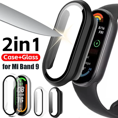 Imagen 1 del producto Funda + vidrio templado para Xiaomi Mi Band 9, película de vidrio templado antiarañazos, cubierta protectora de parachoques para accesorios Mi Band9