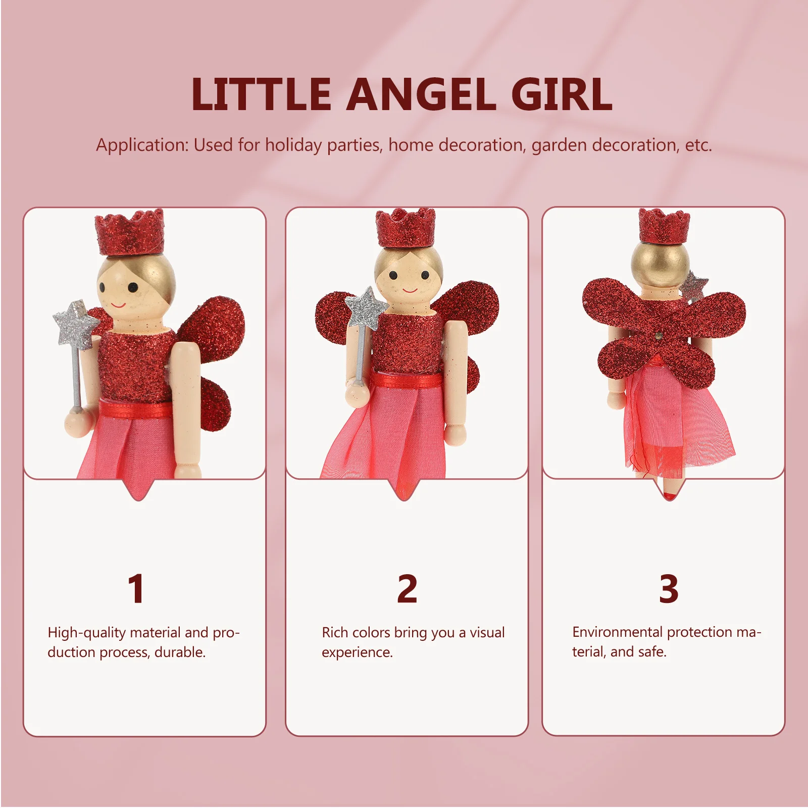 

3Pcs Wooden Nutcracker Angel Puppet Decorative Craft Festive Holiday Ornament for Living Room Shelf Desktop Decoration