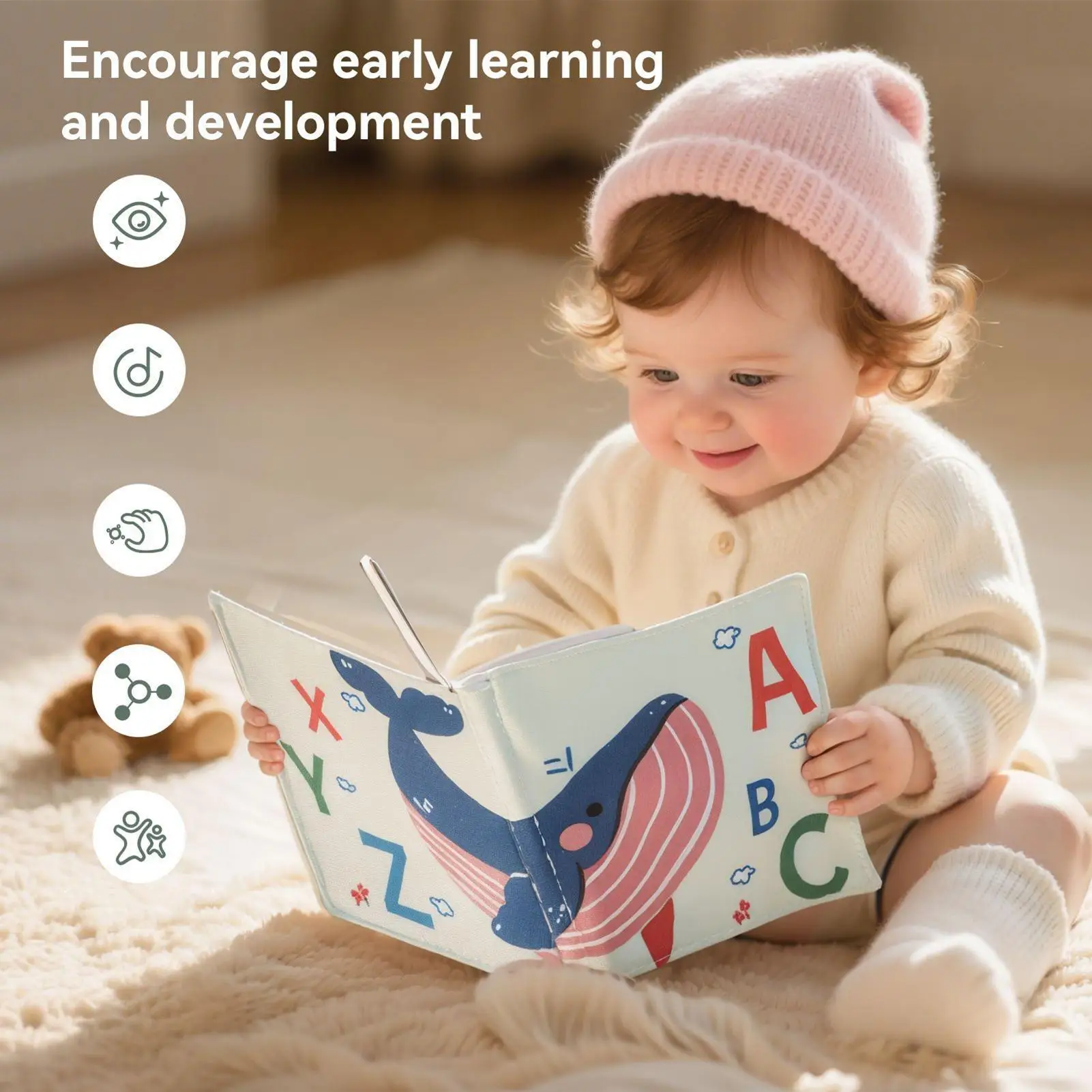 Libro de tela para bebé, libro interactivo de tacto y sensación para la dentición, actividad educativa, juguetes de estimulación Visual para niños, balcón y sala de estar