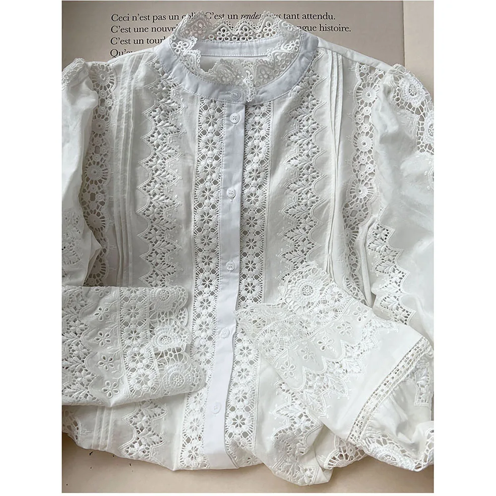 5C686 Petal Embroidery Women Shirt Summer O-Neck Full Sleeves Hollow Female Tops Casual Classic Vintage Cozy Lady Blouse 2024