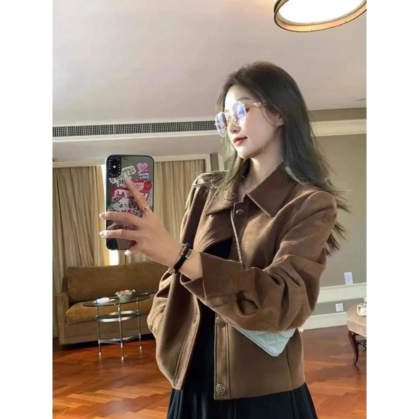Caramel Deer Suede Jacket Women's Short 2026 Spring Autumn Casual Loose Retro Small Size Jacket Top for Ladies
