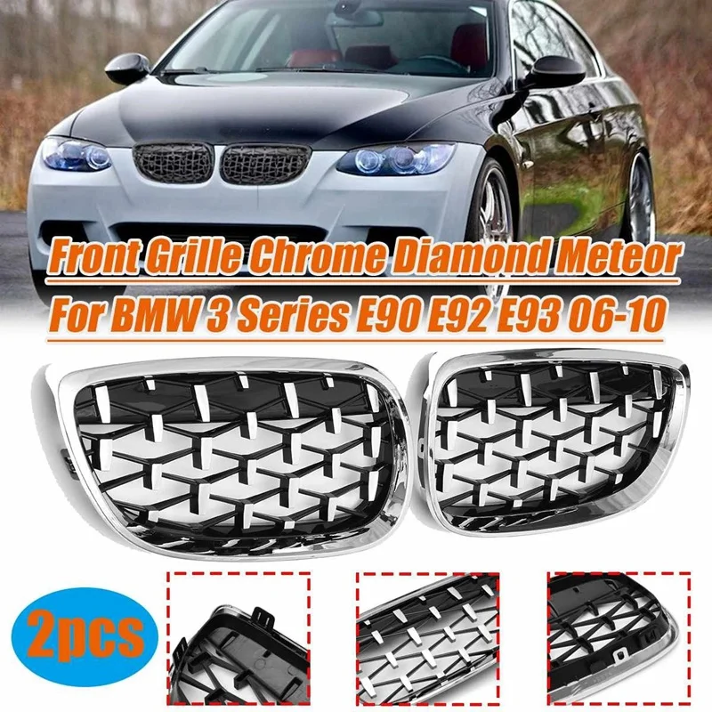 2X Car Front Bumper Hood Kidney Grille Diamond Meteor Racing Grill Chrome For -BMW 3 Series E92 E93 2DR 2006-2010