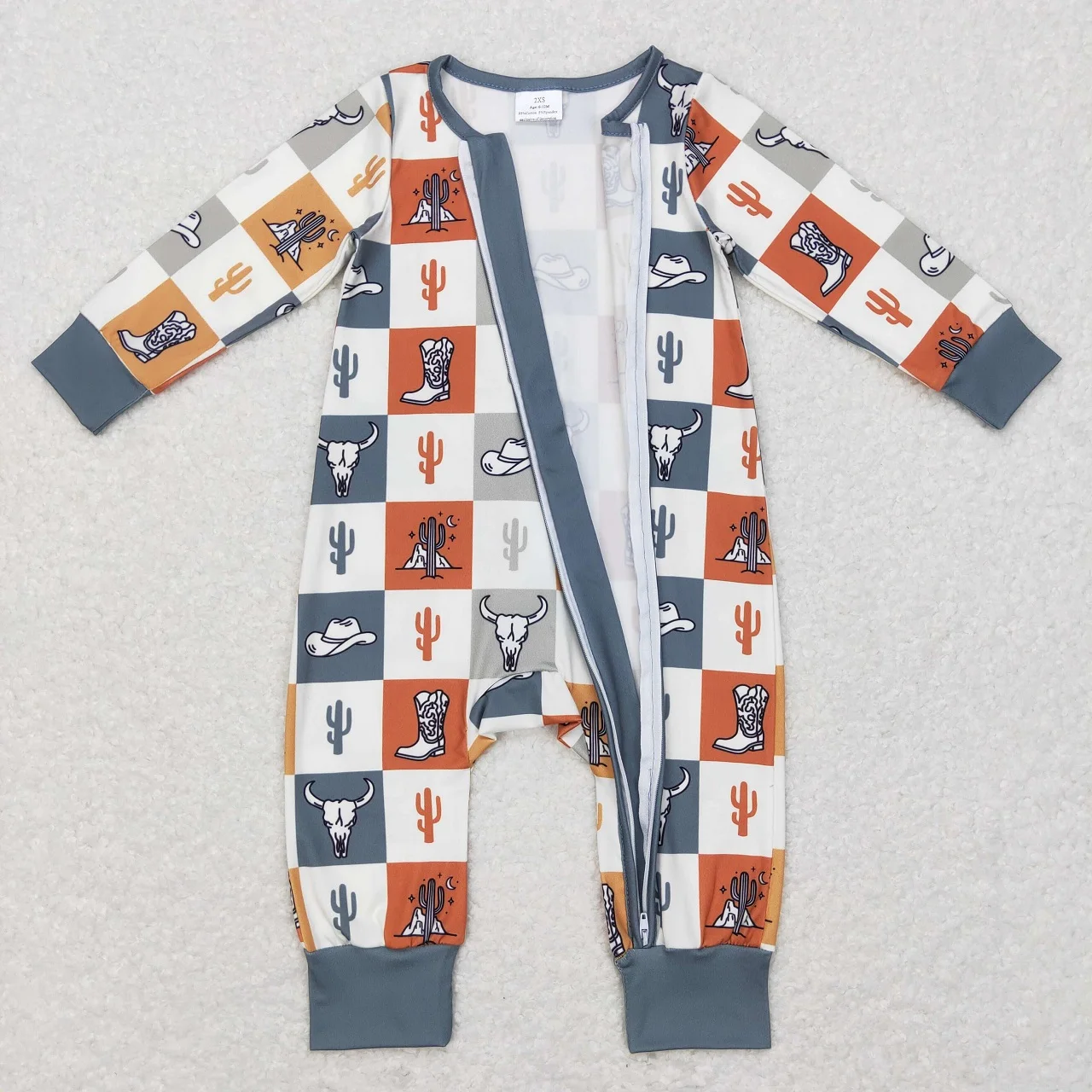 Wholesale Toddler Western Kids Plaid One-piece Newborn Coverall Bodysuit Zipper Long Sleeves Cow Cactus Jumpsuit Baby Boy Romper