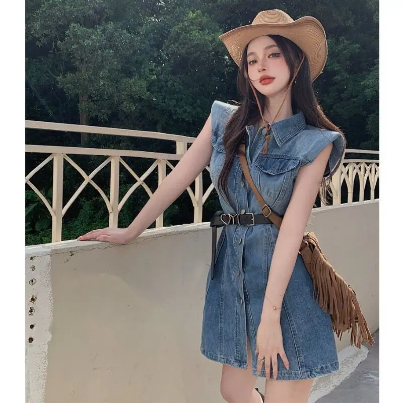 

Korea Fashion Wear Take Women Vintage Polo-Neck Sleeveless Denim Blue Dress Party Cocktail Short Mini Dress 2024 New