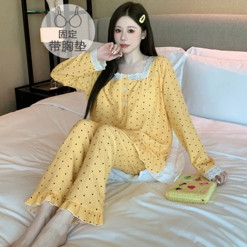 

M-5XL Large Size Autumn Sleepwear Korean Women Print Long Sleeve Home Clothes Set with Chest Pad Student Dormitory Loungewear
