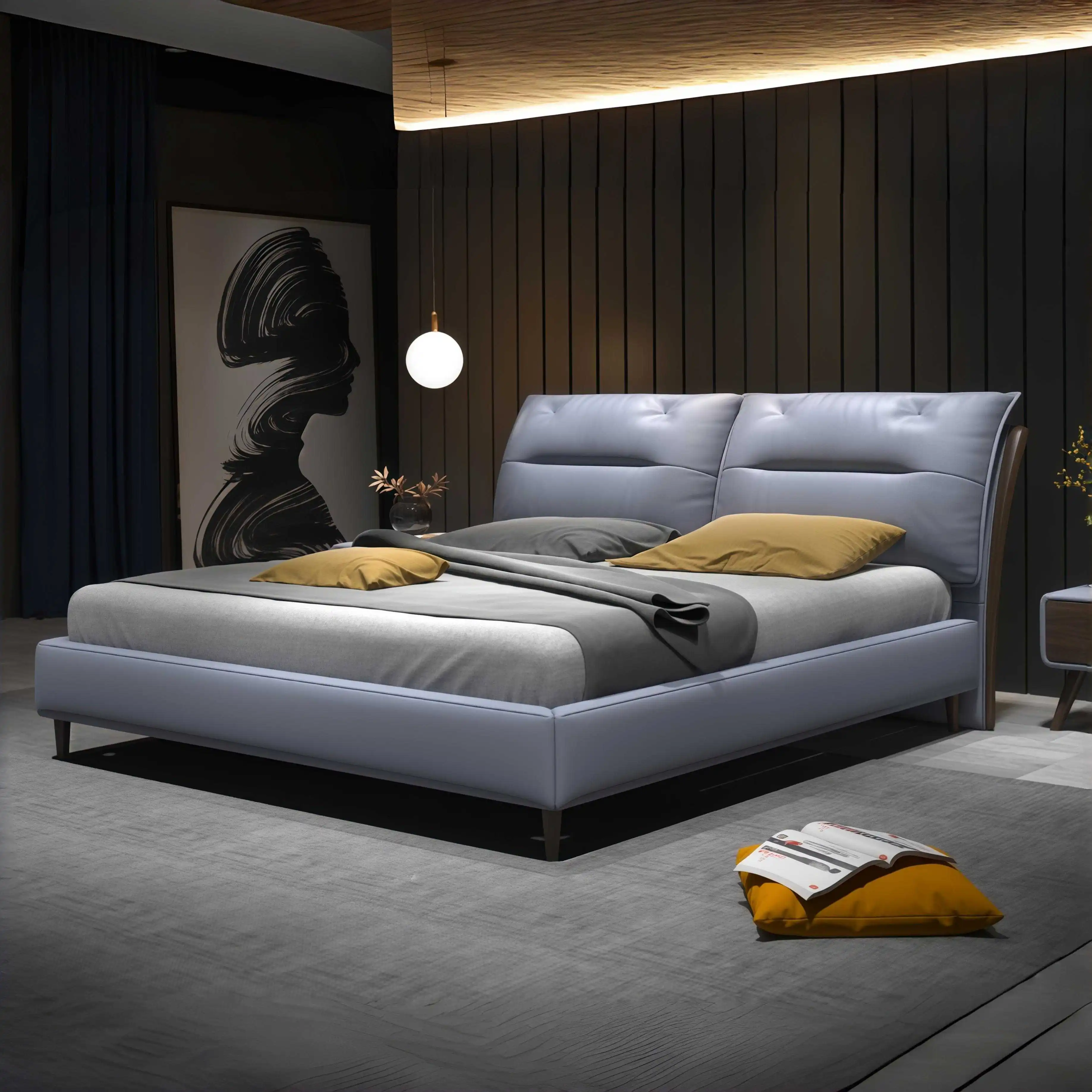 #Italian Luxury Leather Bed High Foot Upholstered Bed Minimalist Top Grain Cowhide Wedding Bed For Master Bedroom From Foshan