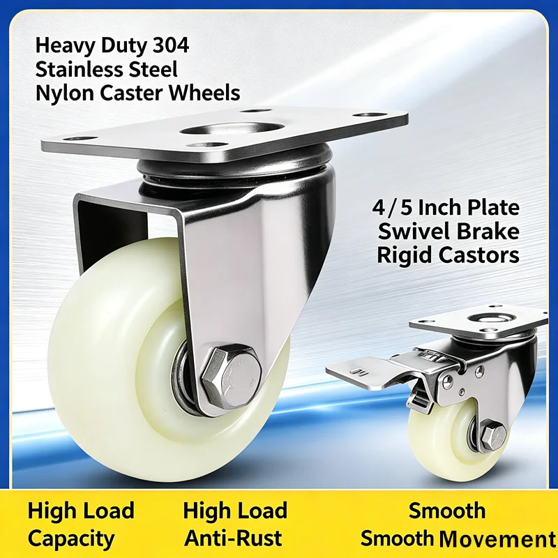 304 Stainless Steel Nylon Casters 4/5 Inch Plate Type Swivel Brake Fixed Wheels Heavy Duty for Trolley Furniture Cart