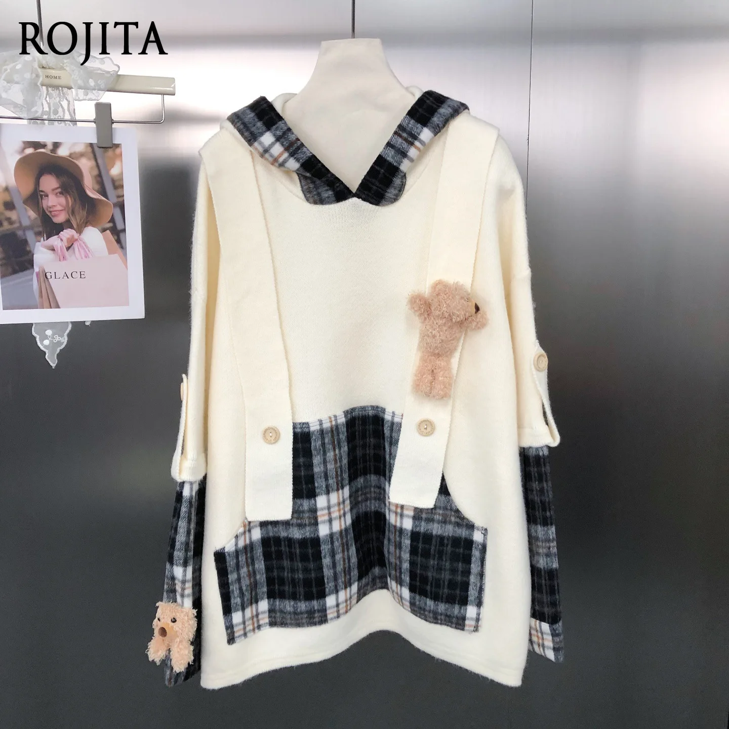 

Японский студенческий стиль в стиле пэчворк, искусственный двухсекционный свитер с медведем, уменьшающий возраст, универсальный свободный свитер с капюшоном для женщин, зима
