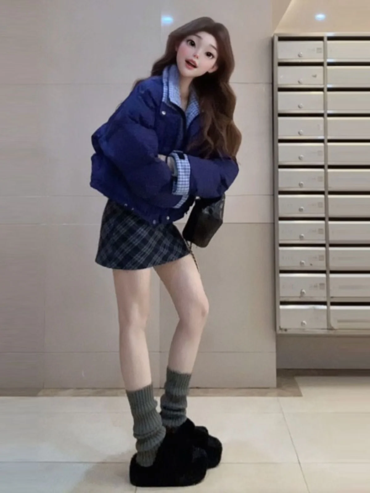 

Korean Style Unique Super Cute Plaid Cotton Jacket Thickened Two-Piece Fashionable Chic Small Cotton Coat Commute Friendly