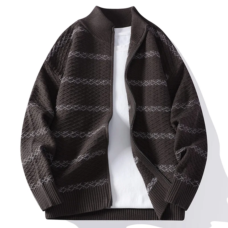 

New vintage striped stand-up collar patchwork knit sweater, men's fall/winter loose casual sweater, men's cardigan jacket