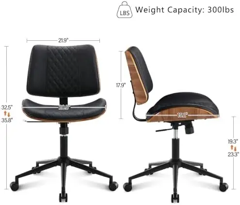 BV Small Desk Chair, Bentwood Back, Swivel Task Chair, Faux Leather, Black