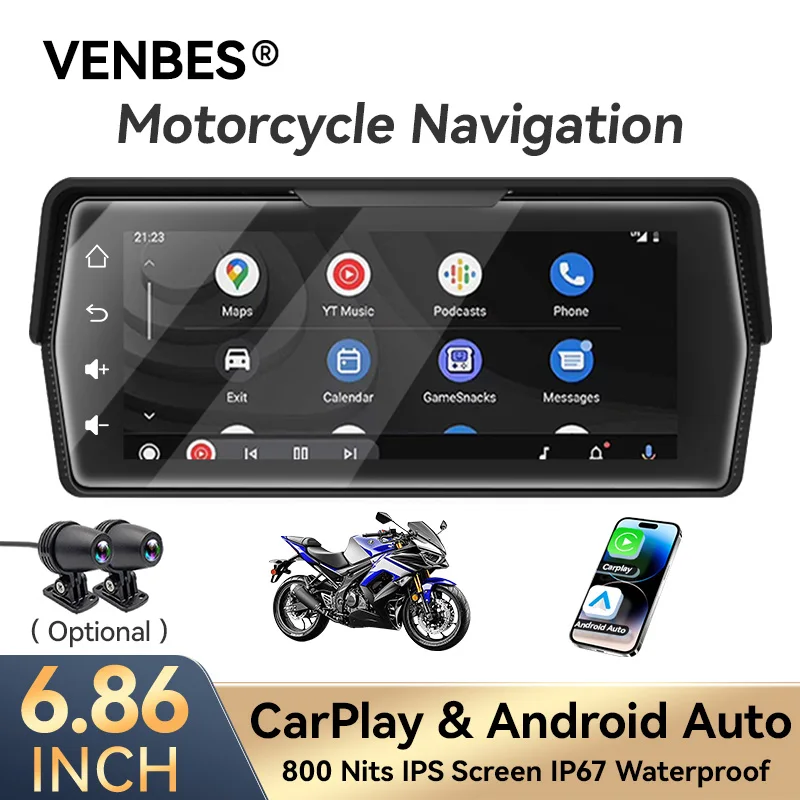 VENBES 6.86in Motorcycle Carplay Android Auto Carplay Waterproof IPS TouchScreen GPS Navigation Support Bluetooth WIFI