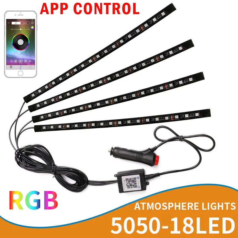 72 LED Strip Car Foot Ambient Light Backlight RGB Auto Interior Atmosphere Decorative Lamp Accessories Assembly App Control 12V