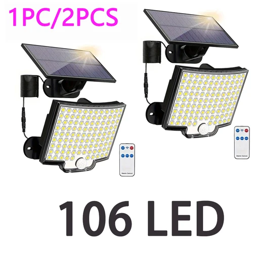 106LED luces solares para exteriores Sensor de movimiento lámpara de inundación de pared remota seguridad impermeable Patio jardín garaje valla iluminación de camino