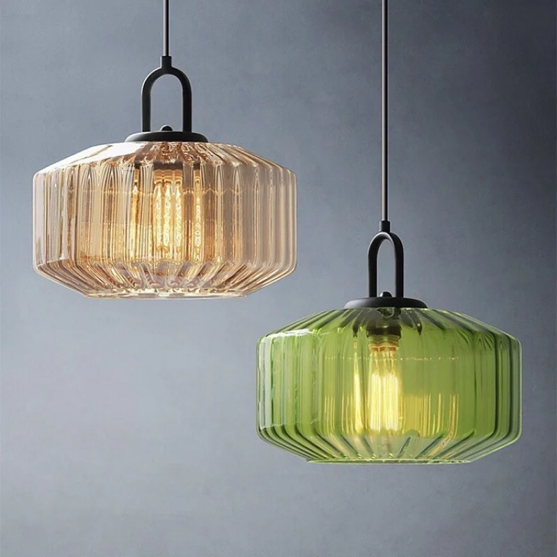 Modern Green Ribbed Glass Pendant Light Adjustable Hanging Lamp Home Living Kitchen Dining Room Decor Chandelier