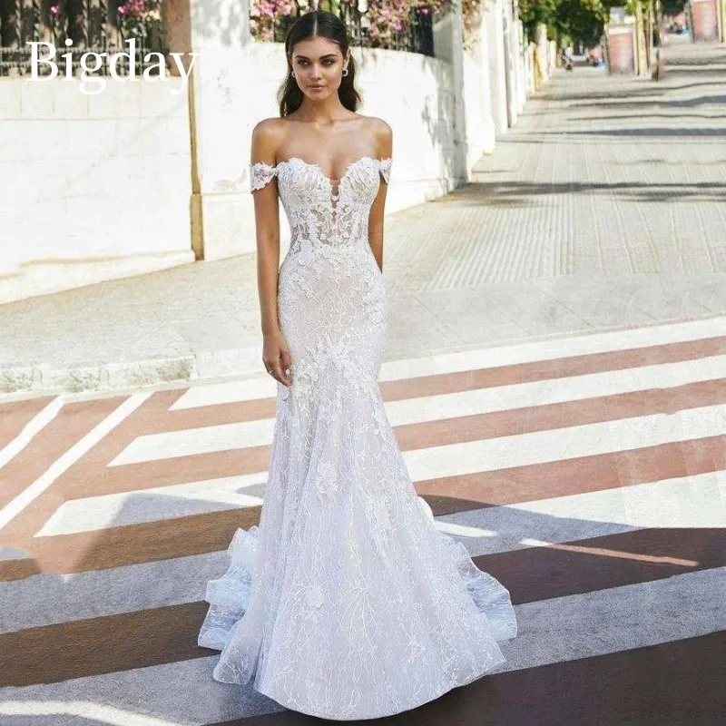 Elegante Zeemeermin Trouwjurken Vrouwen Liefje Witte Open Rug Kant Van De Schouder Bruidsjurk Sweep Trein Vestidos De Novia