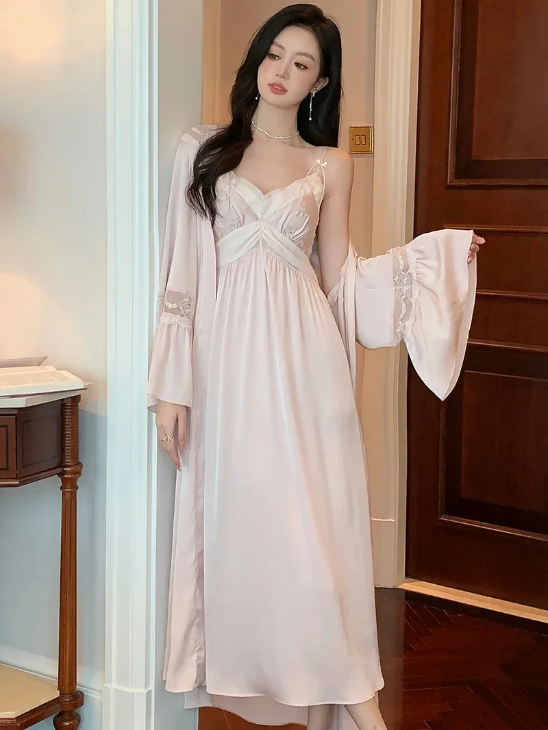 French Silk Pajama Robe Night Dress Women Summer Sexy Strap Dress Two Piece Set Morning Robe Spring Autumn Pajamas Homewear