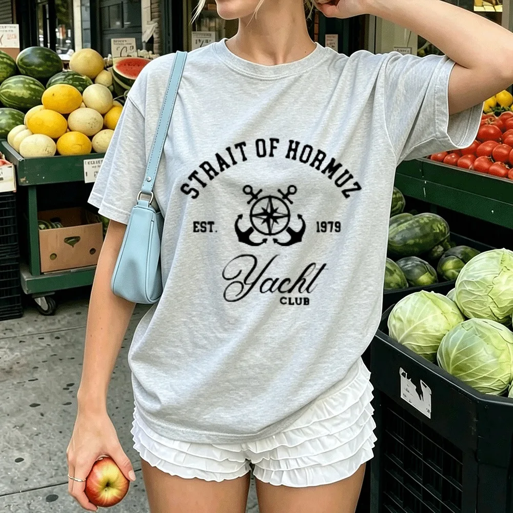 Strait of Horns Yacht Club Anchor Compass Vintage Nautical Graphic Cotton T‑Shirt Retro Marine Style Casual Daily Streetwear Top
