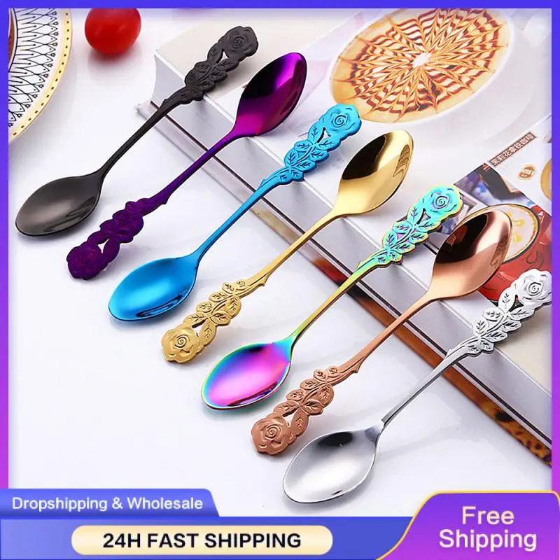 Tea Stirring Spoon Ice Cream Scoop 304 Stainless Steel Rose Flowers Spoons Rainbow Coffee Tea Spoon Flatware Drinking Tools