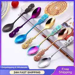 Tea Stirring Spoon Ice Cream Scoop 304 Stainless Steel Rose Flowers Spoons Rainbow Coffee Tea Spoon Flatware Drinking Tools