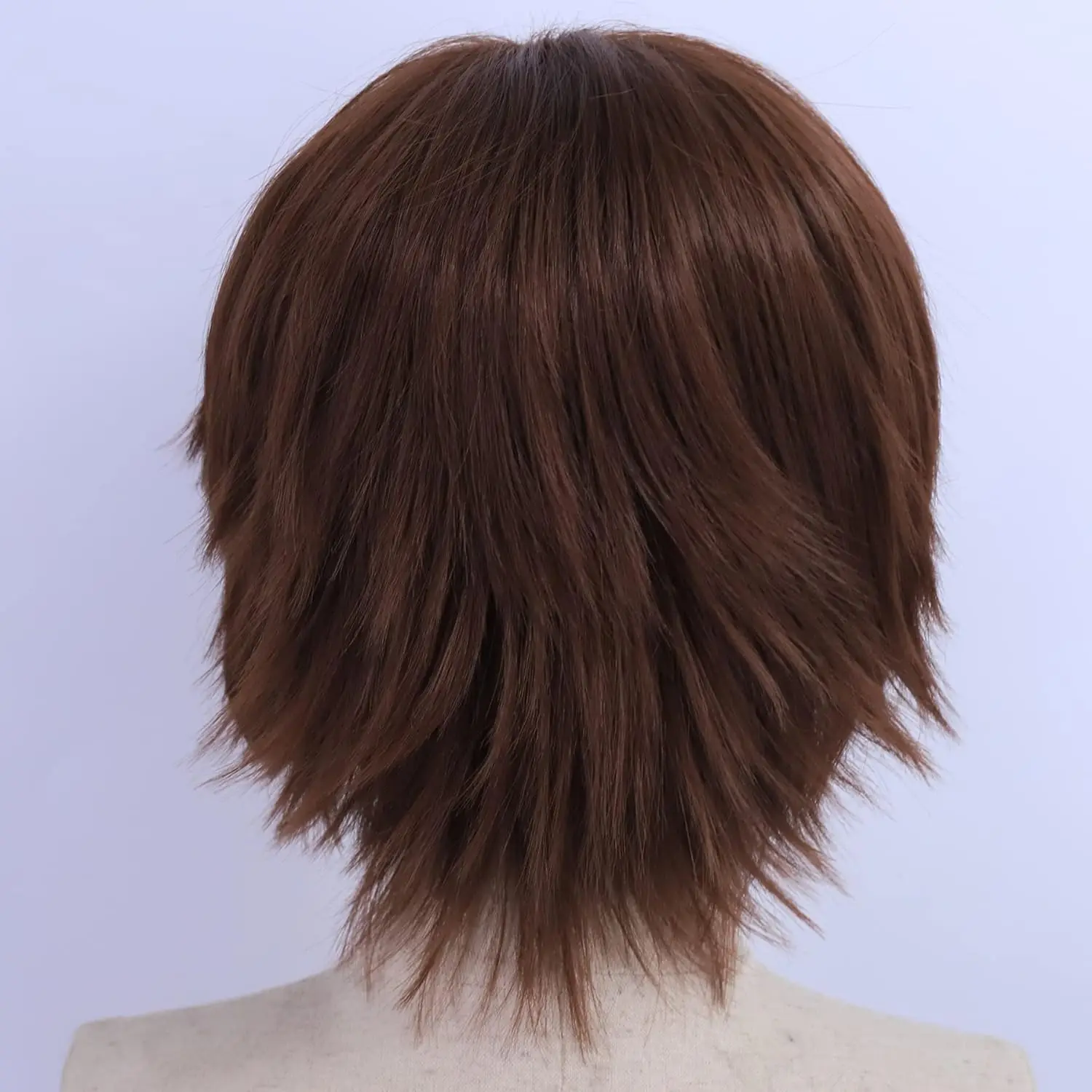 Parrucca cosplay marrone a strati corti per uomo/donna, parrucche sintetiche resistenti al calore per costume da festa Anime Con