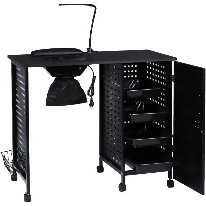 

Manicure Table Nail Desk with Dust Collector, Nail Table for Technician Iron Frame with 4 Large Drawers, LED Lamp