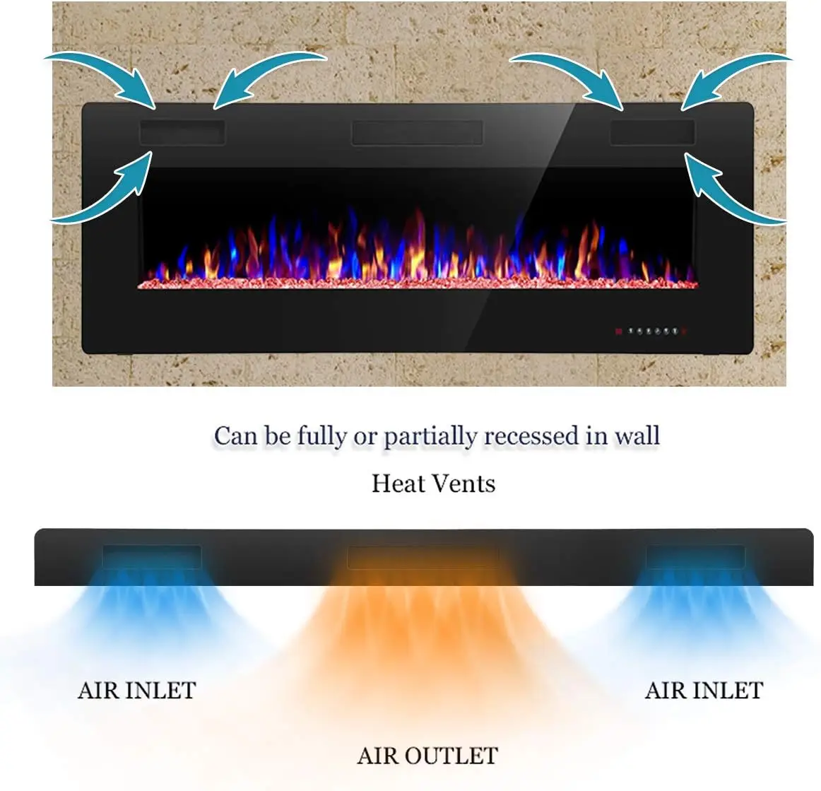 Chimenea empotrada y montada en la pared, poco ruido, Control remoto con temporizador, pantalla táctil, velocidad de colores de llama ajustable, 50 pulgadas