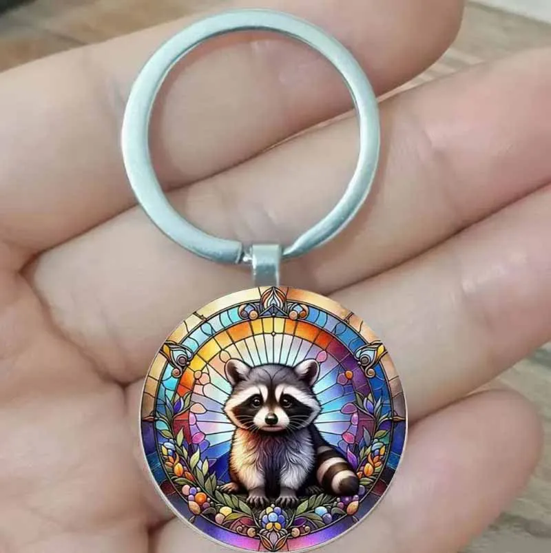 

Retro Raccoon Keychain - Colored Glass Style, Zinc Alloy, Romantic Design with Colorful Flower Patterns, Perfect for Birthdays,