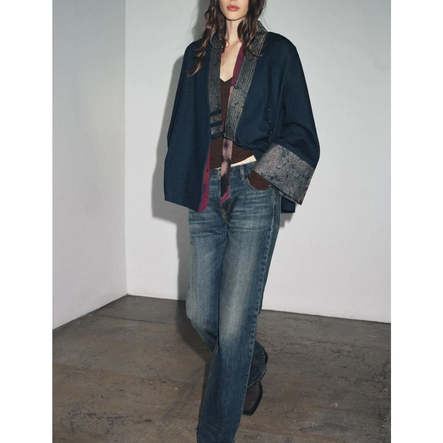 Automne femmes Double boutonnage v-ne couleur Blo Long Sve brodé Denim effet Kimono Sle vêtements d'extérieur décontracté coupe ample