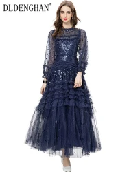 DLDENGHAN Autumn Mesh Maxi Dress Women O-Neck Lantern Sleeve Sequins Ruffle Vintage Party Ball Gown Dress Fashion Designer New