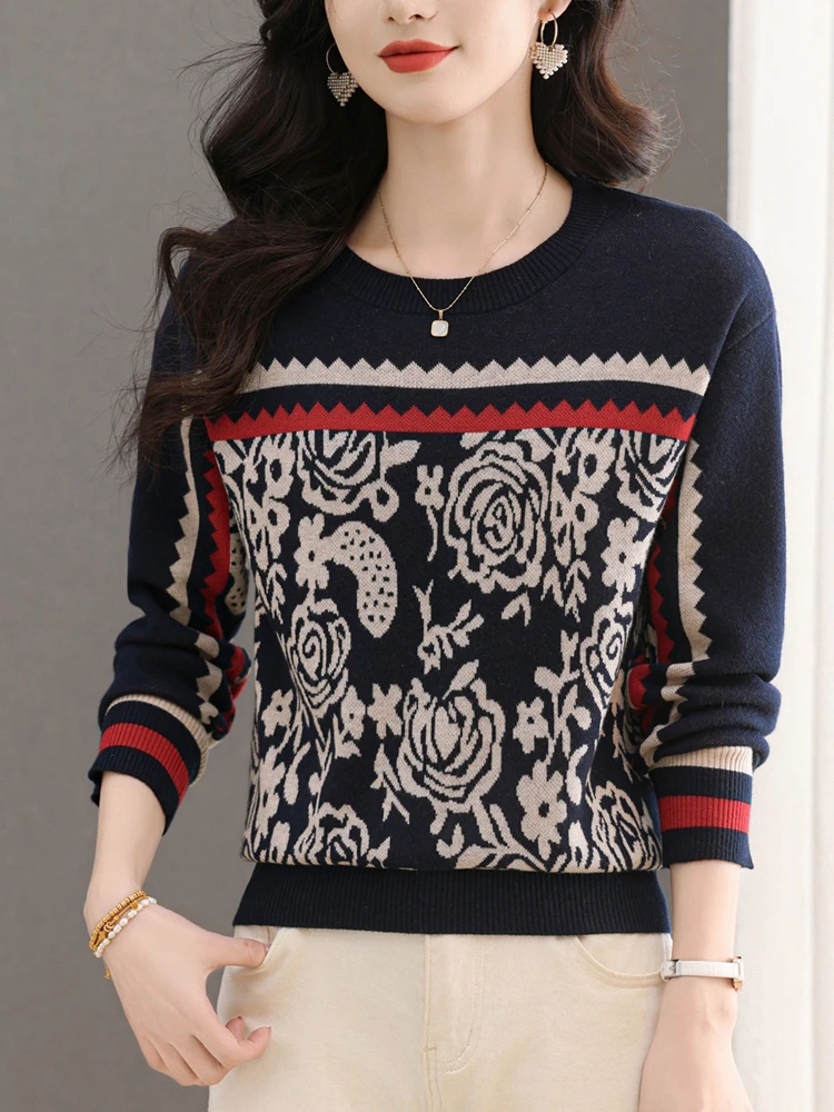 

Print Knitted Tops 2025 Spring Fashion Women's Sweaters Pullovers Femme Casual Long Sleeve Sweater Woman