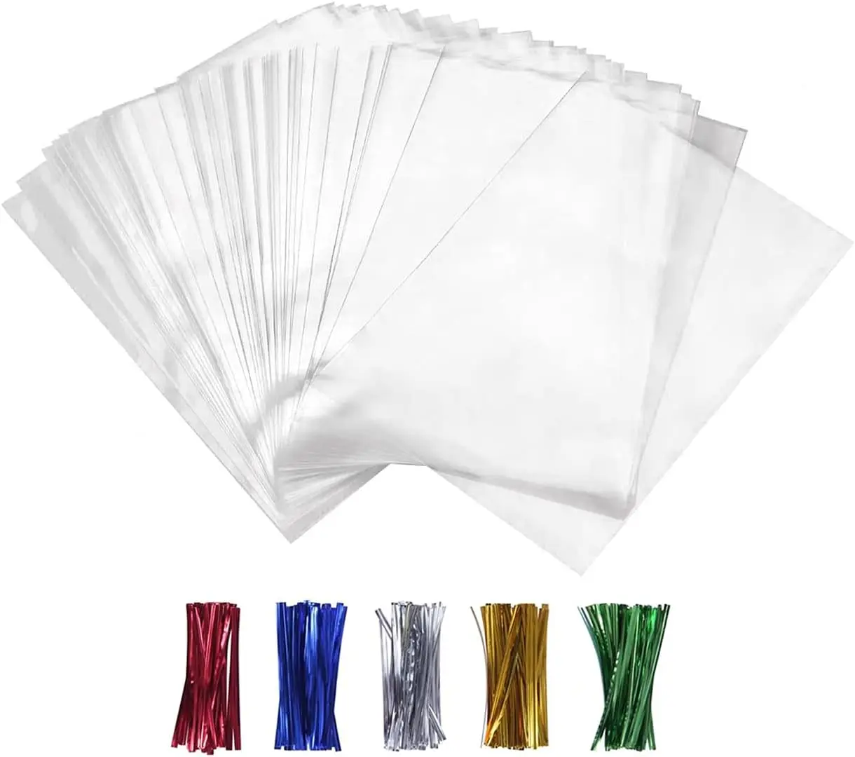 100 bolsas de celofán, bolsas de plástico transparente para violonchelo 4x6 con lazos giratorios de 4 ", 5 colores mezclados, almacenamiento OPP de 1,4 mil de espesor (4 ''x 6'')