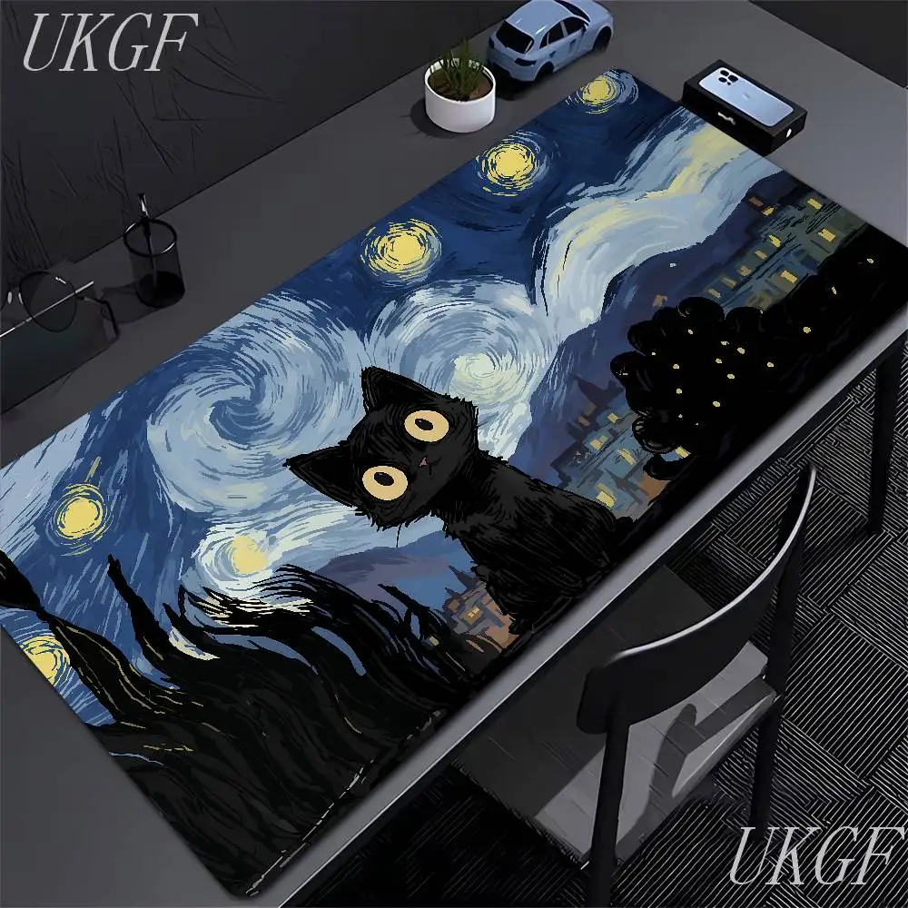 Starry Night mouse pad with cute black cat, study and office use, office accessories, rectangular workstation pad - durable, wat