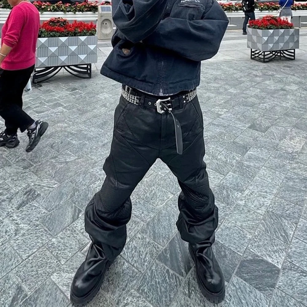 مايكرو نحى الشمع الركبة تجعد دراجة نارية السراويل أسود اللون الشارع الشهير التمهيد قطع مستقيم فضفاض عارضة السراويل المتضخم #3