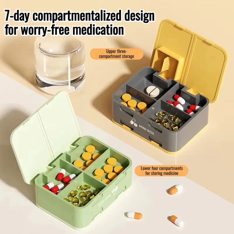 

1pc Double-Layer Pill Box with Cutter Compartments Portable Medicines Dispensing Container Sealed Waterproof Compact Tablet Case